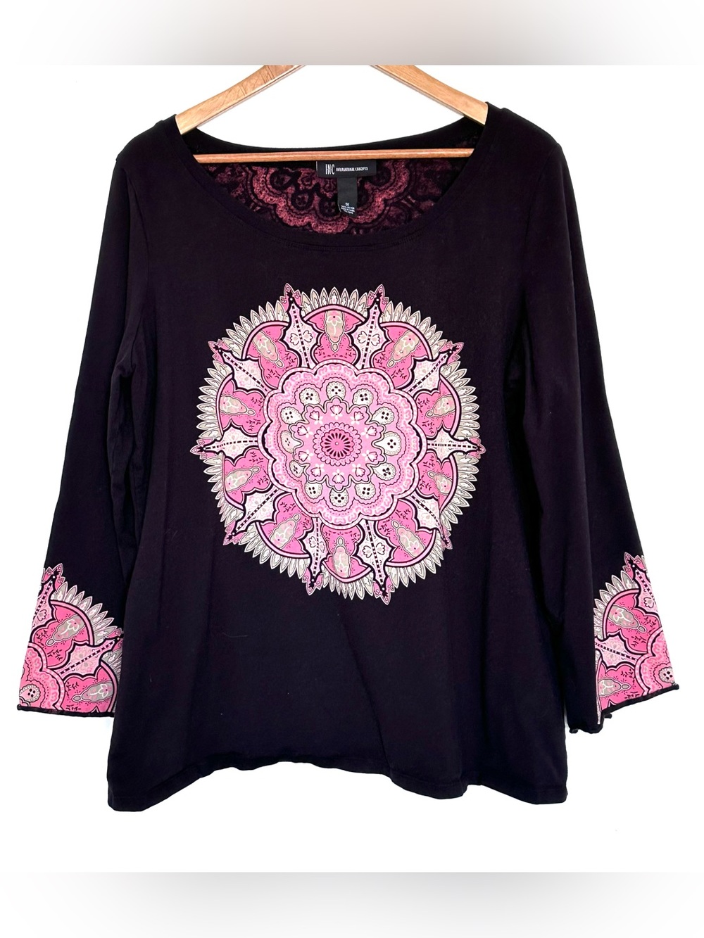 INC International Concepts Plus Shirt Women’s 1X Black Mandala Print Pullover
